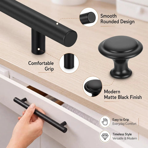 Matte Black Cabinet Pulls And Drawer Knobs Set For Cabinets And Drawers, Includes Ten Long Pulls And Ten Round Knobs, A Sleek No Brainer Upgrade For Your Kitchen Or Bath. Matte black cabinet pull and round knob set on drawer
