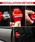 Red ABS door lock cover buckle trim for Jeep JL/JLU and Gladiator JT, shown front, side, and installed.