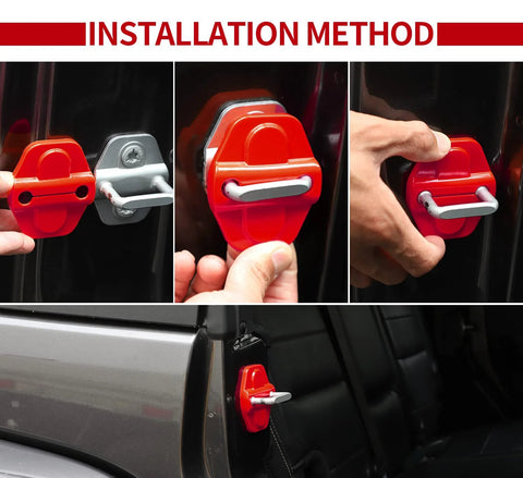 Red ABS door lock cover buckle trim for Jeep JL/JLU and Gladiator JT, shown front, side, and installed.