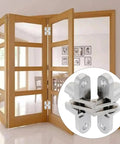180 Degree Zinc Alloy Concealed Hinge for Folding Doors With Screws Included and Easy Install, shown with open wooden doors.
