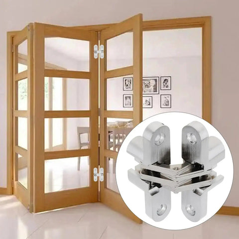 180 Degree Zinc Alloy Concealed Hinge for Folding Doors With Screws Included and Easy Install, shown with open wooden doors.