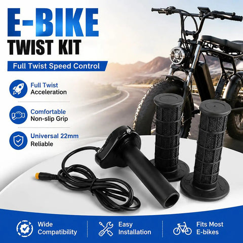 Snag This Smooth Full Twist Throttle For Your E Bike With Anti Slip Rubber Grips And A Super Long 47 Inch Cable To Stop Slippery Control Failures And Get Serious Speed On Your Daily Ride Without Worrying About Short Strained Wires. black 22mm e-bike twist throttle with cable and rubber grips