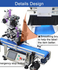 Plug And Go Automatic Flat Bottle Label Applicator Desktop Labeling Machine With Conveyor Belt and Print Coder, close-up of smoothing brush and control panel.