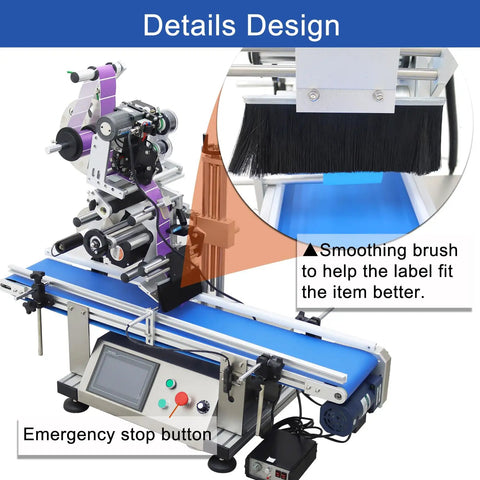 Plug And Go Automatic Flat Bottle Label Applicator Desktop Labeling Machine With Conveyor Belt and Print Coder, close-up of smoothing brush and control panel.