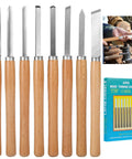 Eight Piece Wood Lathe Tool Set With Steel Blades For Turning And Shaping Includes Skew Gouges Round Nose Parting And Spear Point Tools