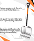 Heavy Duty Garden Pitch Fork With 10 Tines And Wide Head 45 Inch Fiberglass Handle Durable Bedding Fork For Mulching Soil Compost Cleanup Tough Carbon Steel Tines Built For Yard Work with ergonomic grip
