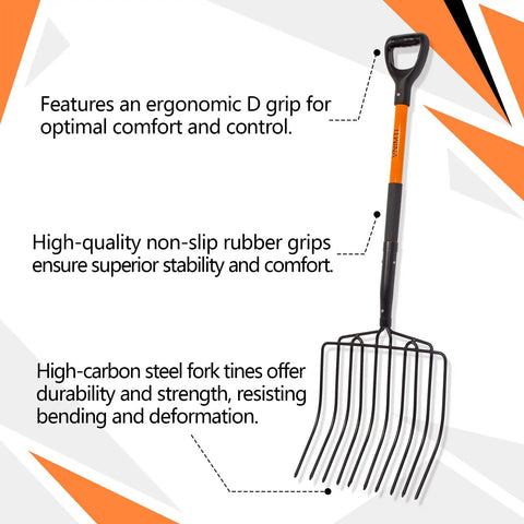 Heavy Duty Garden Pitch Fork With 10 Tines And Wide Head 45 Inch Fiberglass Handle Durable Bedding Fork For Mulching Soil Compost Cleanup Tough Carbon Steel Tines Built For Yard Work with ergonomic grip