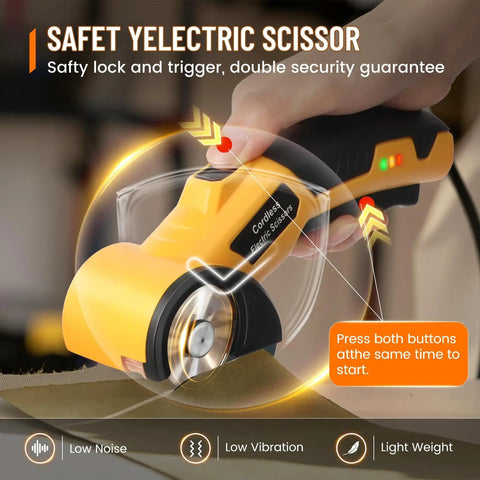 Electric Scissors With Led Light High Efficiency Brushless Motor 2000 Mah Battery Tungsten Steel Blade Cordless Power Cutter For Cardboard Carpet Cloth And Wire Rope Cutting Tool Yellow close-up image showing safety features and control buttons.