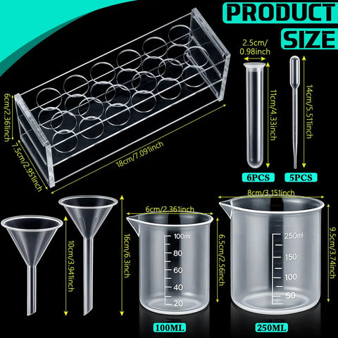 Ultimate 22 Piece Plastic Labware Set For DIY Home Science with test tube rack, 100ml and 250ml beakers, funnels, pipettes shown.