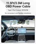 Car interior showing OBD2 to USB-C Dash Cam Power Cable, 11.5ft length, integrated for clean install of dash cam, GPS, radar