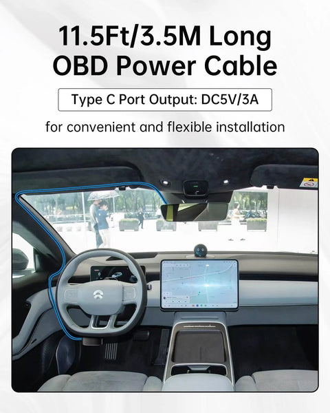 Car interior showing OBD2 to USB-C Dash Cam Power Cable, 11.5ft length, integrated for clean install of dash cam, GPS, radar