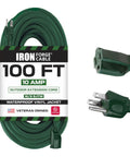 Green Outdoor Extension Cord 100 Ft With 3 Prong Plug 16/3 SJTW Weatherproof Cable For Yard Garden And Landscaping UL Listed