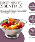 5 Quart Stainless Steel Colander With Handle For Beastly Fast Draining Fine Micro Perforations filled with vegetables