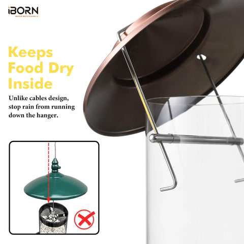 Chew Proof Metal Bird Feeder For Outdoors With Copper Finish Holds About One Point Three Two Pound Seed Three Perches Squirrel Proof Roof And Tray Weather Resistant Hanging Cardinal Feeder Seed Not Included, showing rain-resistant copper roof close-up.