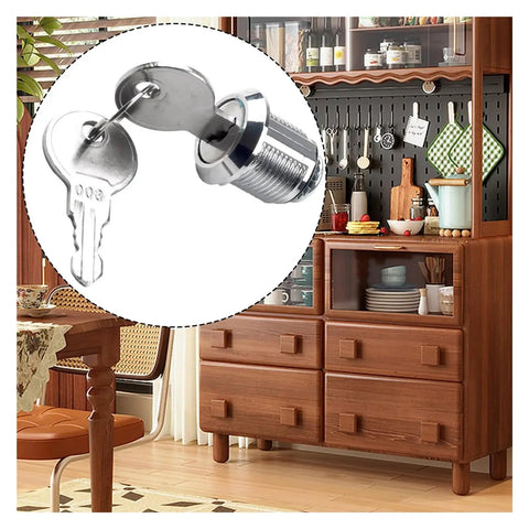 Set Of Four Premium Zinc Alloy Cam Locks 16 To 30 Mm For Cabinets And Tool Boxes shown with keys and kitchen cabinet