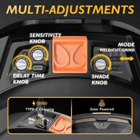 Close-up of Auto Darkening Welding Goggles With 4 Arc Sensors showing sensitivity, delay, shade knobs, and Type-C charging