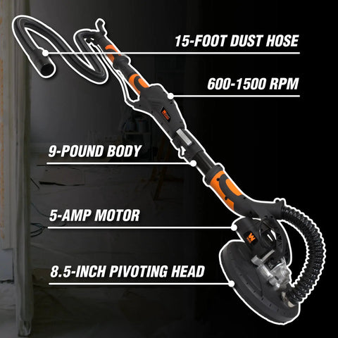 Diagram of Drywall Sander With Variable Speed 600 To 1500 RPM 5 Amp Motor Hook And Loop Sanding Pad 15 Foot Dust Hose