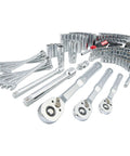 Kickin 135 Piece Mechanic Tool Set With Low Profile Ratchet And Hella Smooth 72 Tooth Swing, chrome wrenches and sockets laid out.