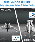 Dual-mode puller showing two-jaw and three-jaw modes of the Three Piece Reversible Jaw Gear Extractor Set With 3, 4, 6 Inch Sizes.