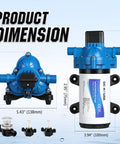 Dimensions of On Demand 110V RV Water Pump Diaphragm, 4 GPM 50 PSI Fresh Water Pump With Pressure Switch shown from multiple angles