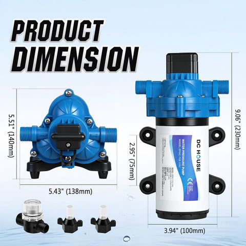Dimensions of On Demand 110V RV Water Pump Diaphragm, 4 GPM 50 PSI Fresh Water Pump With Pressure Switch shown from multiple angles