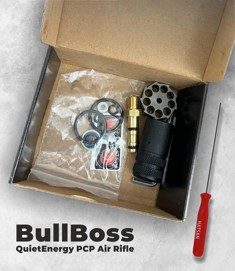 BullBoss.25 Cal PCP Air Rifle Limited Edition With Side Lever, 1000 FPS And 49 FPE, rifle accessories and silencer in box