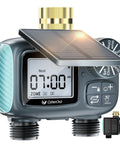 Two Zone Solar Water Timer for Garden Hose with Auto Manual Rain Delay Modes, digital display, and solar panel