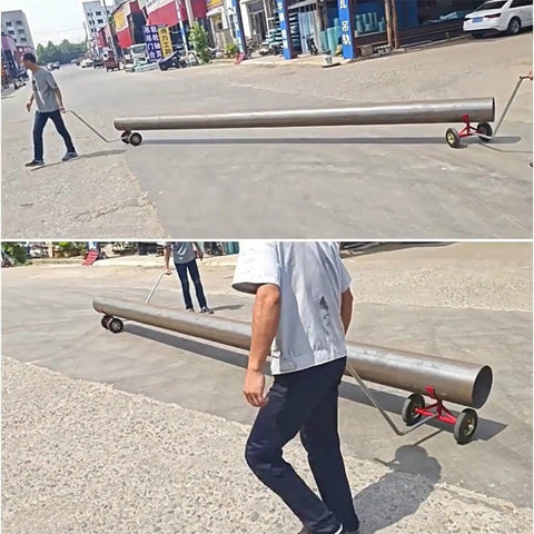 Heavy Duty Pipe Dolly Two Piece Roller Cart For Steel And Fire Pipes With 2200 Pound Capacity rolling steel pipe on job site.