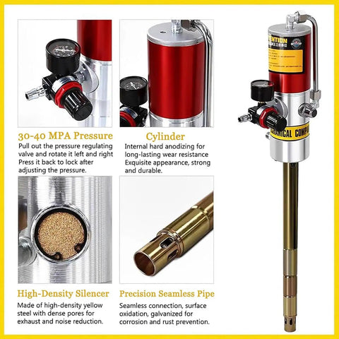 Heavy Duty Air Operated Grease Pump Featuring 50 To 1 High Pressure Ratio visible pressure gauge and internal cylinder design.