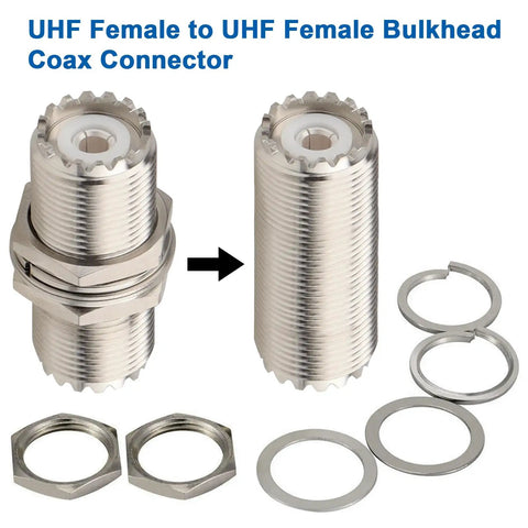 UHF Female to Female Bulkhead Connector for PL259 Coax, 50 Ohm RF Adapter, Brass Nickel Plated with PTFE Insulator