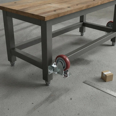 Heavy Duty Polyurethane Plate Casters With Brakes For Industrial Carts And Equipment Replacement attached to workbench on concrete floor