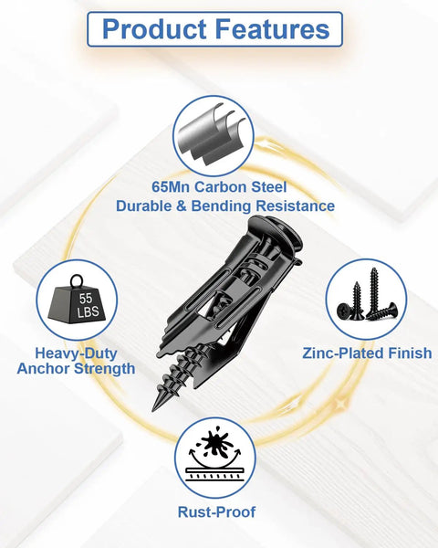 Features of 160 Piece Black Drywall Anchors And Screws Kit showing steel durability and anchor strength