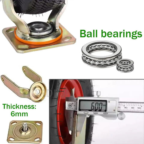 Heavy Duty Swivel Caster Replacement Wheel With Locking Brake And Thick Natural Rubber Tread Rolls Buttery Smooth On Rough Surface showing ball bearings and thickness measurement.