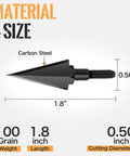 Diagram of 100 Grain Steel Broadheads For Compound Recurve Bow And Crossbow with dimensions and carbon steel label.