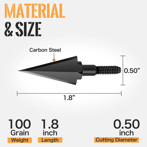 Diagram of 100 Grain Steel Broadheads For Compound Recurve Bow And Crossbow with dimensions and carbon steel label.