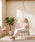 Beige Macrame Swing Chair With Round Seat Cushion, Indoor Outdoor Hanging Hammock Chair, Durable Polyester Cotton Ropes And Sturdy Metal Rings, Boho Vibe Patio Balcony Bedroom Swing, Two Point Or One Point Hanging