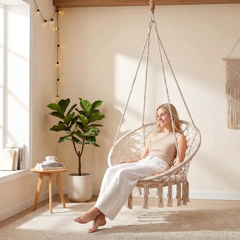 Beige Macrame Swing Chair With Round Seat Cushion, Indoor Outdoor Hanging Hammock Chair, Durable Polyester Cotton Ropes And Sturdy Metal Rings, Boho Vibe Patio Balcony Bedroom Swing, Two Point Or One Point Hanging