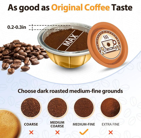 Reusable Silicone Lids For Nespresso Vertuo Pods 3 Pack Universal Fit Food Grade Caps For Refillable Vertuo Capsules shown with coffee grounds.