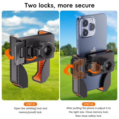Close-up of Dope Magnetic Golf Cart Phone Holder With Powerful N52 Magnet Base Fits EZGO Club Car Yamaha Icon And All 4.5 To 7 Inch Smartphones Like iPhone Samsung Xiaomi showing lock feature with iPhone in holder.