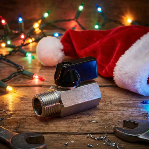 Compact Brass Ball Valve Shut Off Switch 1/4 Inch NPT 3 Pack Nickel Plated with holiday lights and Santa hat