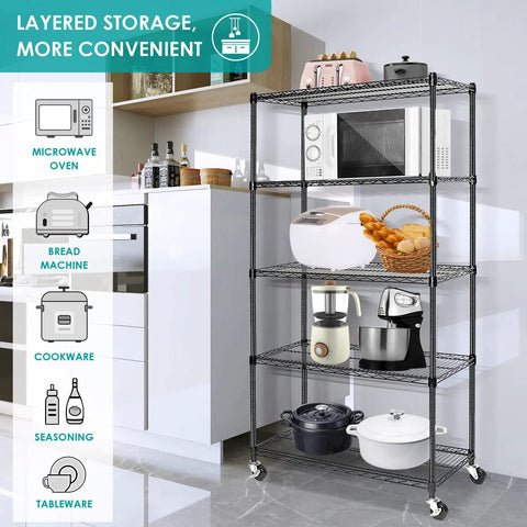 Total Workhorse Five Tier Black Wire Shelving Rack With Smooth Rollers Fully Adjustable NSF Certified Metal Storage Unit For Kitchen Pantry Garage Go Anywhere Rolling Caster Shelves Haul Three Hundred Thirty Pounds