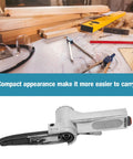 Heavy Duty Pneumatic Air Belt Sander With Slick 360 Degree Rotating Handle and Top Shelf Industrial Build, compact design for easy portability.