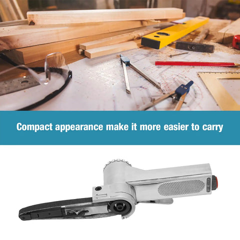 Heavy Duty Pneumatic Air Belt Sander With Slick 360 Degree Rotating Handle and Top Shelf Industrial Build, compact design for easy portability.