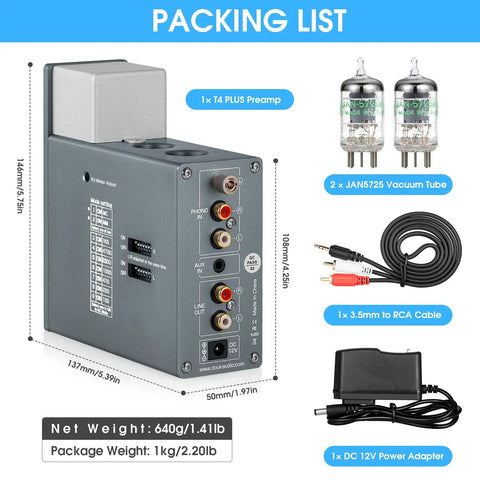 Dope Tube Phono Preamp T4 Plus For MM And MC Turntables, Warm Analog Vacuum Tube Sound, Preamplifier With Headphone Amp, Aux Input, VU Meter, Retro HiFi Vibe For Vinyl Lovers. packing list with preamp, tubes, cable, adapter, and dimensions