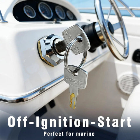 Close-up of boat dashboard with Three Position Key Off On Start Boat Ignition Switch For Outboard Motors in stainless steel housing
