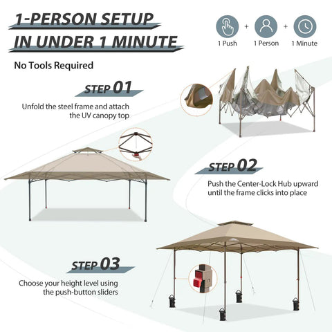 Step-by-step setup of One Person Pop Up Canopy Tent With Instant Setup And Auto Extending Eaves 13 By 13 Foot Beige Frame