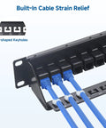 Beefy 1U 24 Port Cat6 Ethernet Patch Panel With Inline Keystone And Cable Management Bar, showing built-in cable strain relief