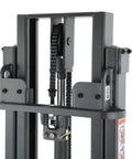 High Capacity 2200lb Full Electric Straddle Fork Stacker With Counterbalanced Design hydraulic lift mechanism and chain detail.