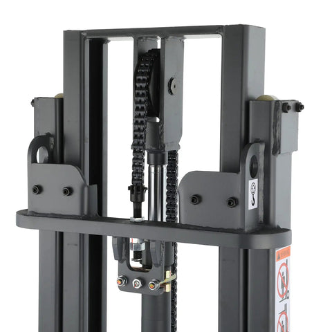 High Capacity 2200lb Full Electric Straddle Fork Stacker With Counterbalanced Design hydraulic lift mechanism and chain detail.