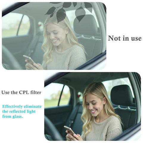 Comparison of window glare with and without Clip On CPL Phone Filter For iPhone, Samsung, Pixel No Glare Rich Colors Pro Grade Polarization
